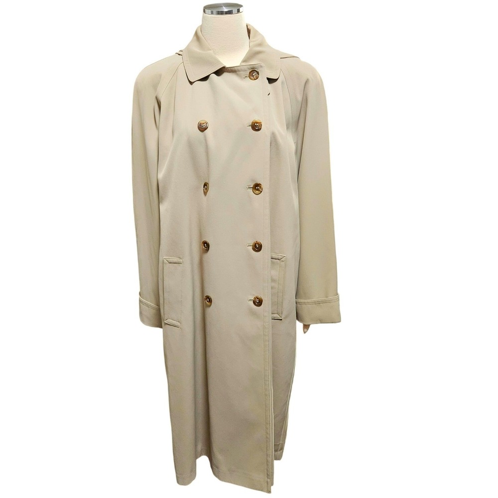 Gallery Women's Beige Hooded Long Trench Coat Double Breasted Size 14 - Picture 1 of 9